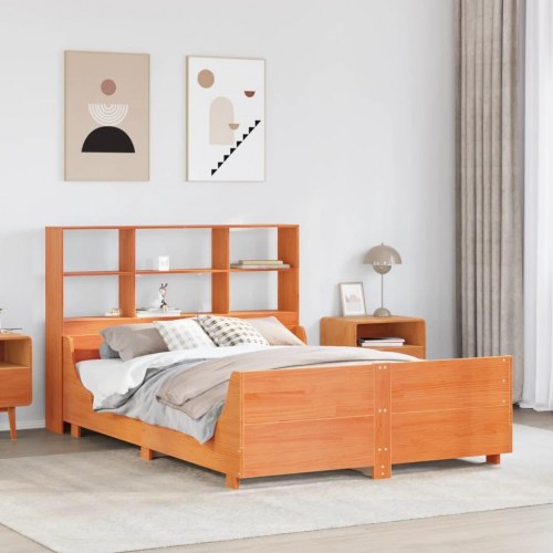 Seng med reol uden madras 140x190 cm - massivt fyr, gyldenbrun