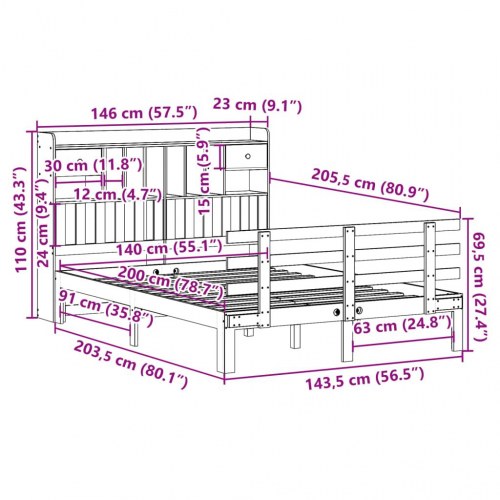 Seng med reol 140x200 cm - massivt fyrretræ, hvid (uden madras)