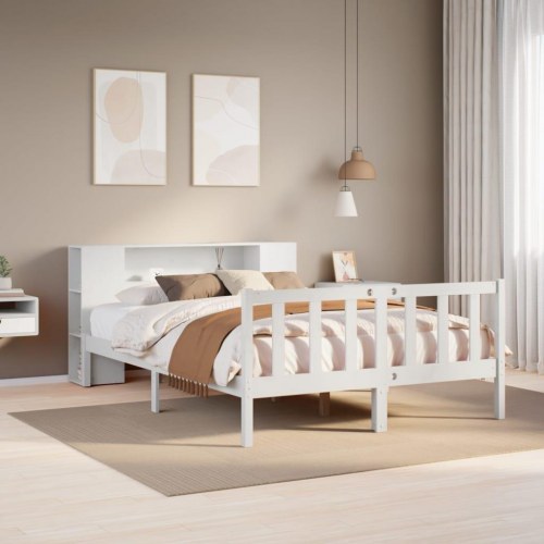Seng med reol 140x200 cm i massivt fyrretræ - hvid
