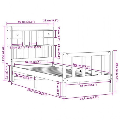 Seng med reol 90x200 cm i massivt fyrretræ uden madras
