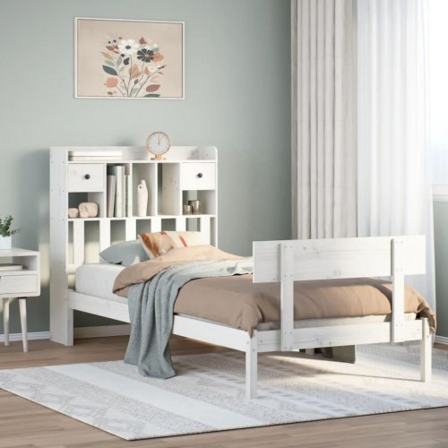 Seng med reol uden madras 75×190 cm - massivt fyrretræ, hvid