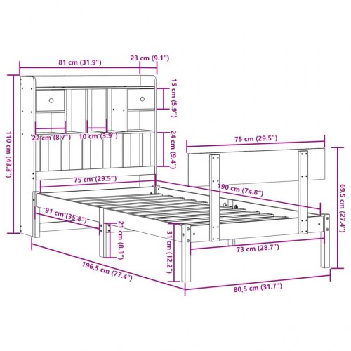 Seng med reol uden madras 75×190 cm - massivt fyrretræ, hvid