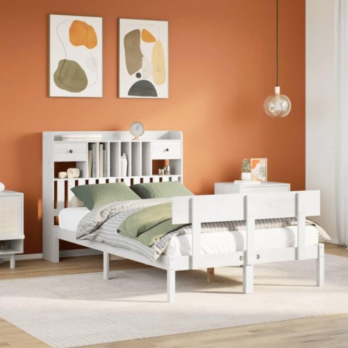 Seng med reol 135x190 cm - massivt fyrretræ, hvid