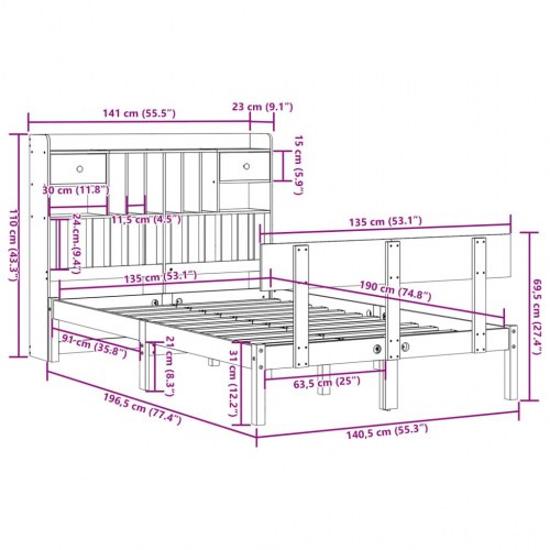 Seng med reol 135x190 cm - massivt fyrretræ, hvid