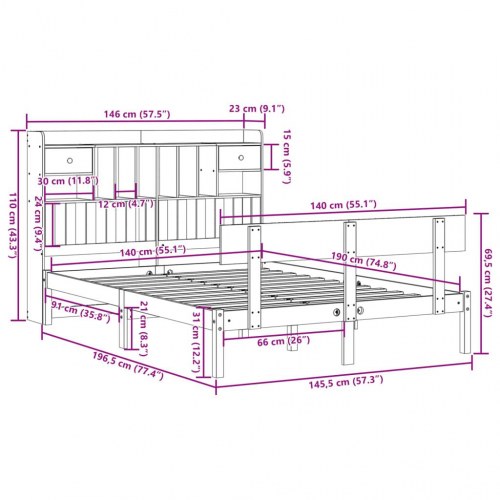 Seng med reol 140x190 cm - massivt fyrretræ, hvid