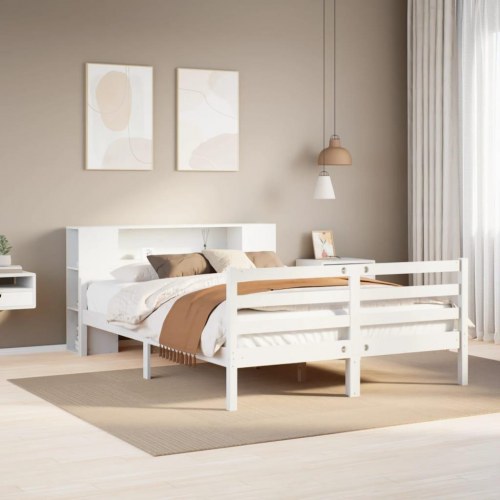 Seng med reol 150x200 cm - massivt fyrretræ, hvid
