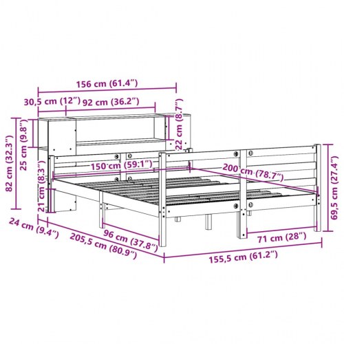Seng med reol 150x200 cm - massivt fyrretræ, hvid