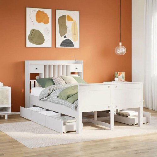 Seng med reol 135x190 cm - massivt fyrretræ, hvid