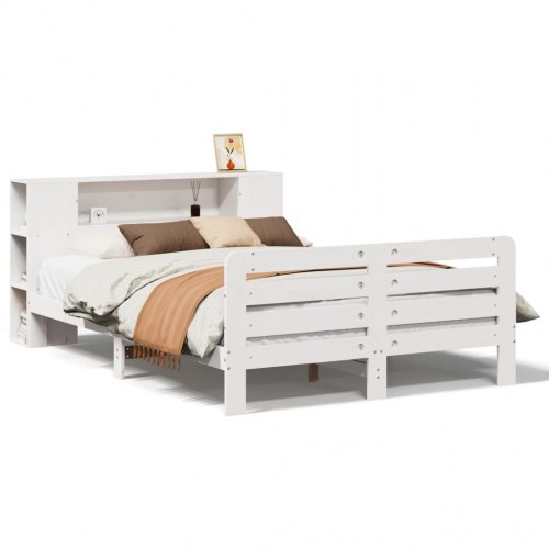 Sengeramme med sengegavl og opbevaring 135x190 cm - massivt fyrretræ, hvid