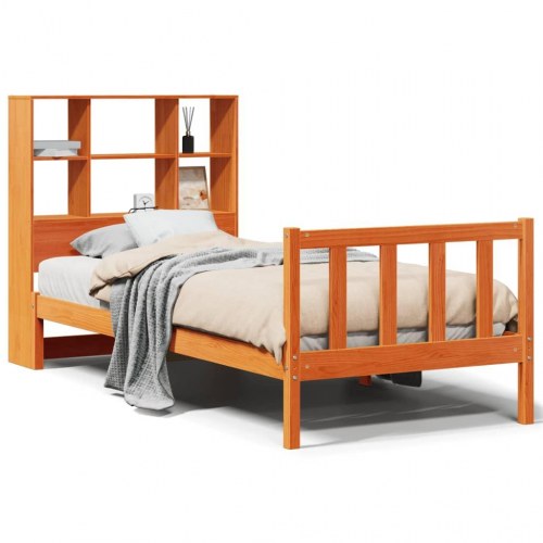 Seng med reol 75x190 cm i massivt fyrretræ gyldenbrun