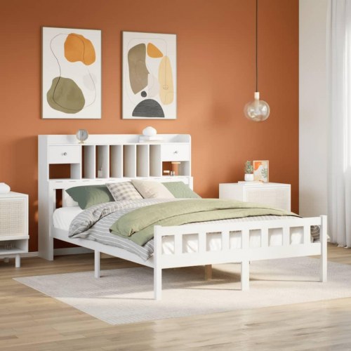 Seng med reol 150x200 cm i massivt fyrretræ - hvid