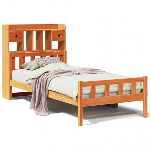 Seng med reol uden madras 75x190 cm - massivt fyrretræ, gyldenbrun