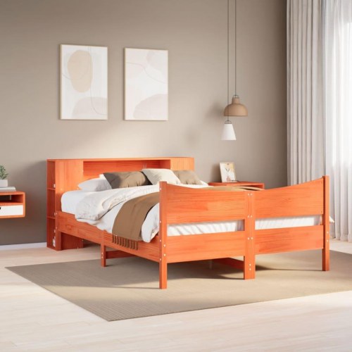 Sengeramme med opbevaringsgavl 140x190 cm - massivt fyrretræ, gyldenbrun