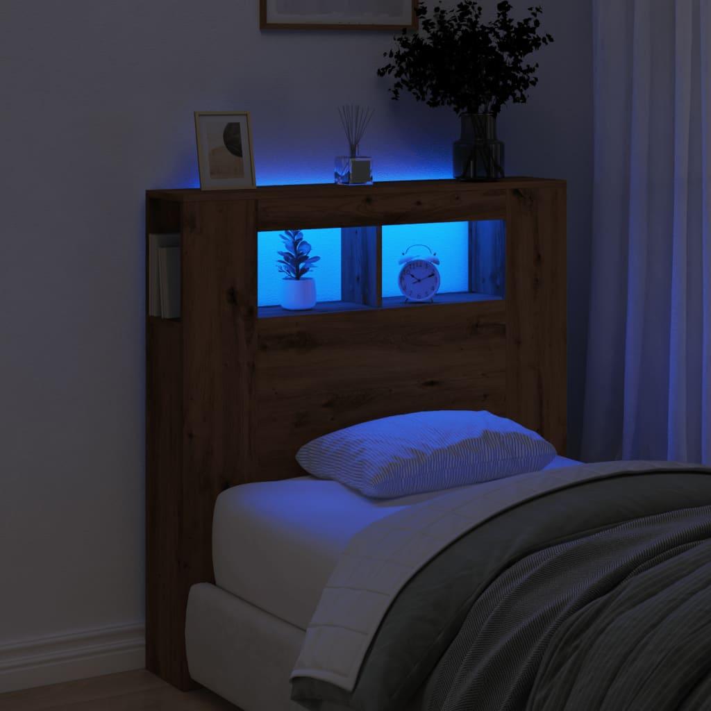 Sengegavl m. LED-lys 100x18,5x103,5 cm konstrueret træ kunsteg