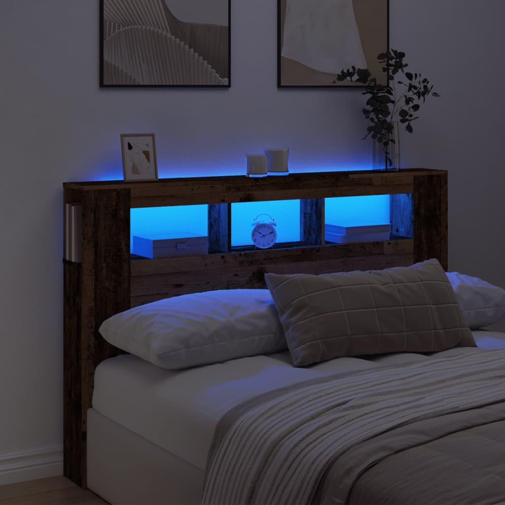 Sengegavl med LED 160x18,5x103,5 cm konstrueret træ antikt træ