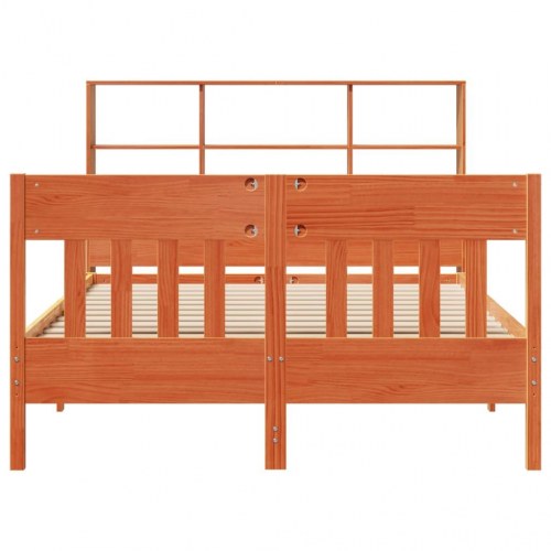 Sengeramme i massivt fyrretræ med hylde gavl 140x190 cm - gyldenbrun