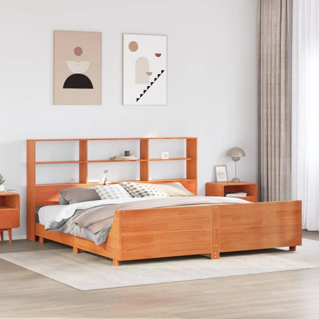 Sengeramme 180x200 cm i massivt fyrretræ med sengegavl og opbevaring - gyldenbrun