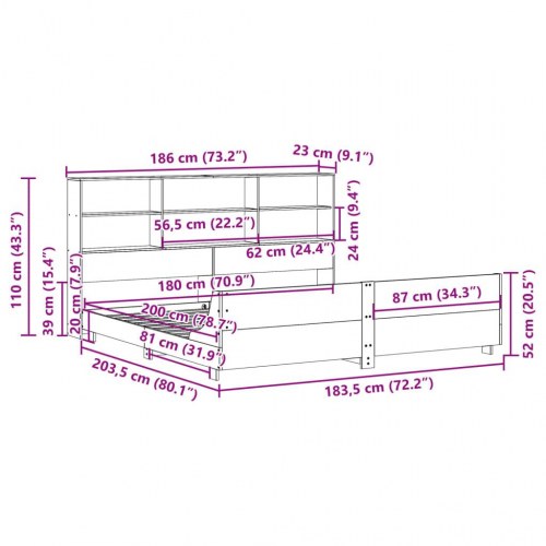Sengeramme 180x200 cm i massivt fyrretræ med sengegavl og opbevaring - gyldenbrun