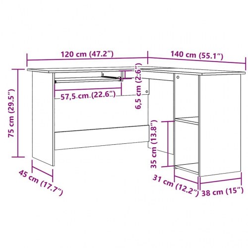 Hjørneskrivebord i konstrueret træ - L-form, 120×140×75 cm, artisan egetræ