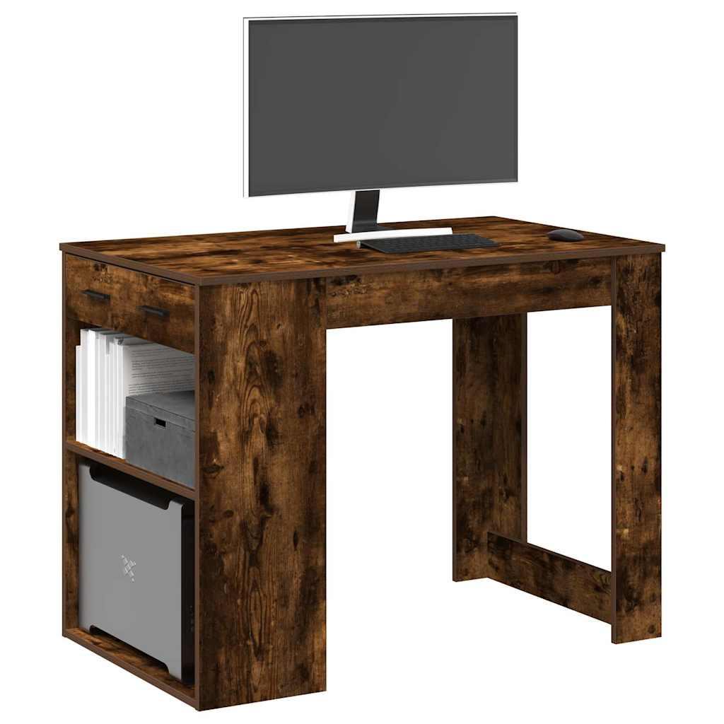 Skrivebord Med Skuffe Hylde 102x62x77 5cm Røget Egetræsfarve