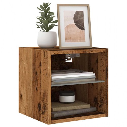 Væghængt tv-bord med LED-lys 30 × 28,5 × 30 cm - antikt træ