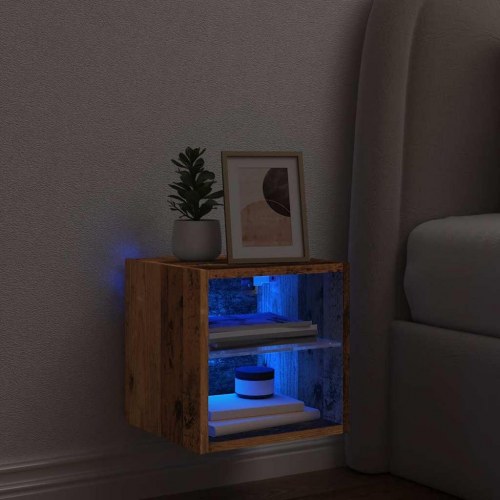 Væghængt tv-bord med LED-lys 30 × 28,5 × 30 cm - antikt træ
