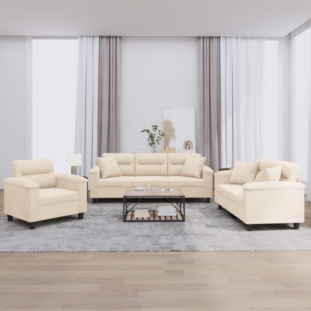Sofasæt 3 Dele Med Hynder Mikrofiberstof - Beige / med puder