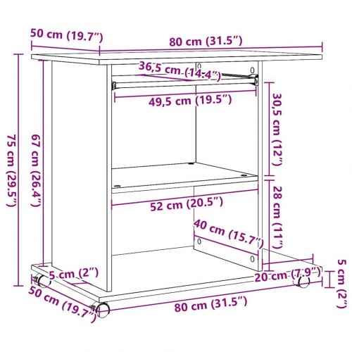 Computerbord på hjul 80×50×75 cm - spånplade i antikt træ