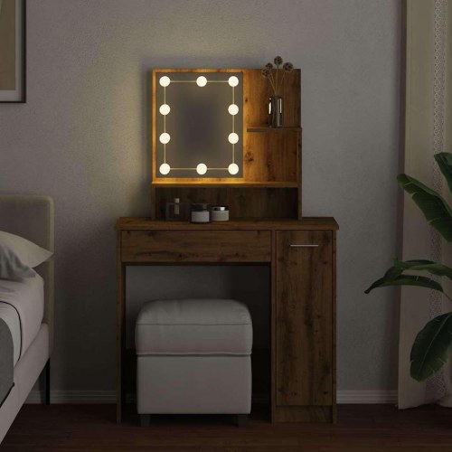 Makeupbord med LED-lys og spejl 86,5×35×136 cm - kunsteg