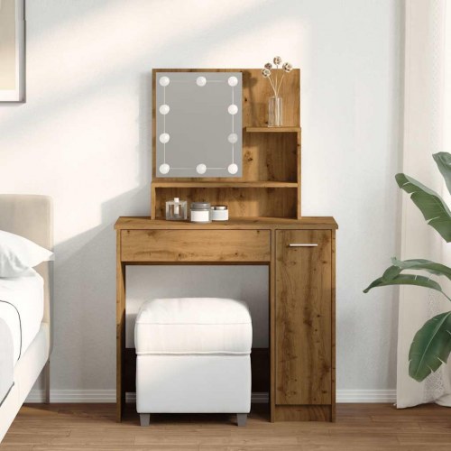 Makeupbord med LED-lys og spejl 86,5×35×136 cm - kunsteg