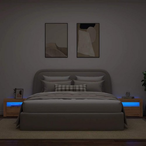 Sengeborde med LED-lys - 2 stk., 60×35×40 cm, egetræsfarve