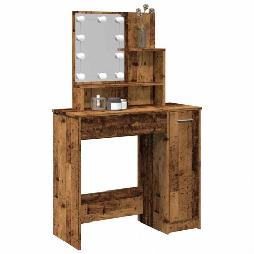 Makeupbord med LED-lys 86,5×35×136 cm - antikt trælook
