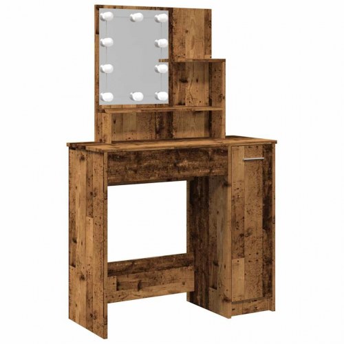 Makeupbord med LED-lys 86,5×35×136 cm - antikt trælook