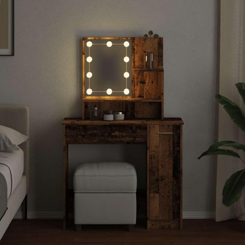 Makeupbord med LED-lys 86,5×35×136 cm - antikt trælook