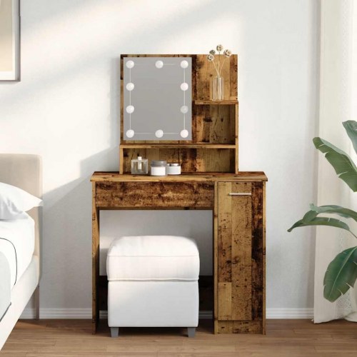 Makeupbord med LED-lys 86,5×35×136 cm - antikt trælook