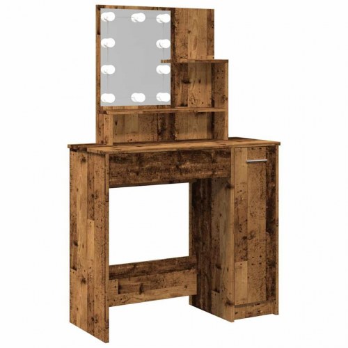 Makeupbord med LED-lys 86,5×35×136 cm - antikt trælook