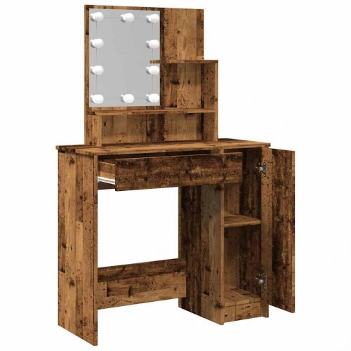 Makeupbord med LED-lys 86,5×35×136 cm - antikt trælook