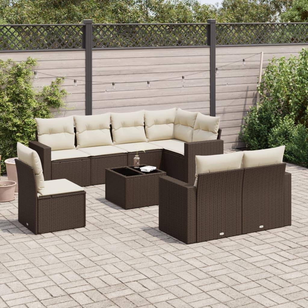 Sofasæt Til Haven 9 Dele Med Hynder Polyrattan - Brun og cremefarvet / Med bord
