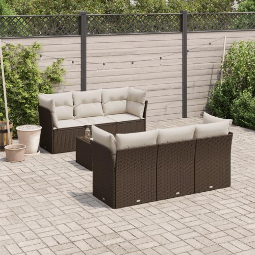 Sofasæt til haven i polyrattan - 7 dele med hynder, brun