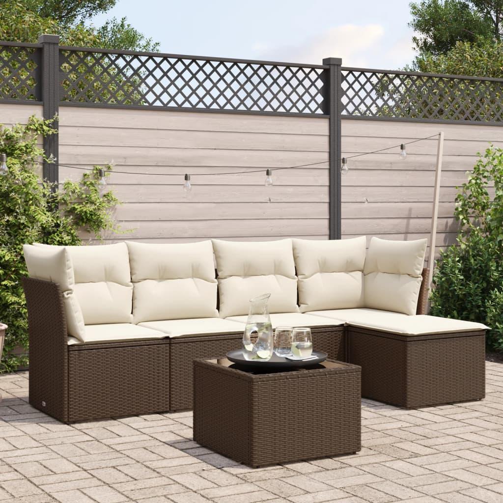 Sofasæt Til Haven 5 Dele Med Hynder Polyrattan - Brun og cremefarvet / Med bord