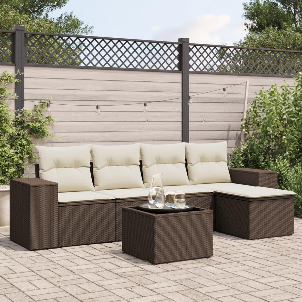 Sofasæt til haven i polyrattan - 6 dele med hynder, brun
