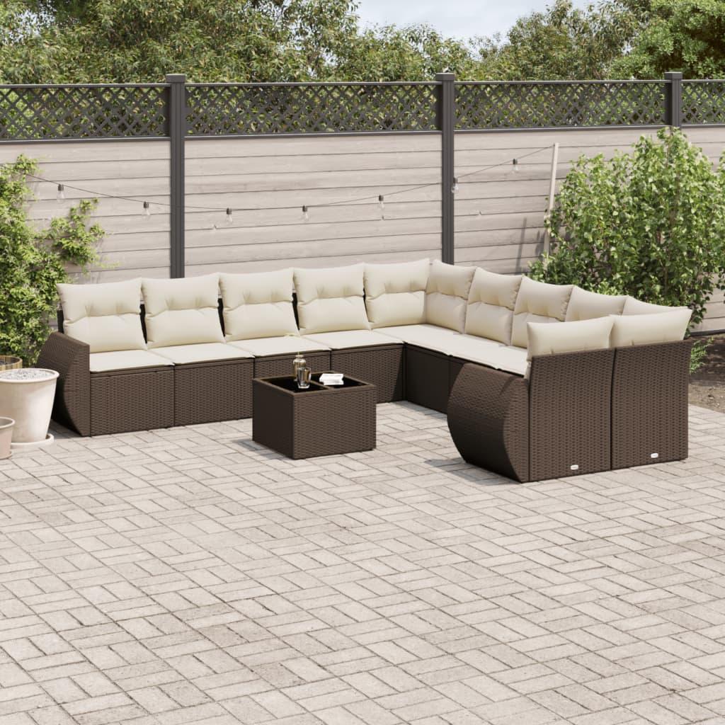 Sofasæt Til Haven 10 Dele Med Hynder Polyrattan Sort - Brun og cremefarvet / Med bord
