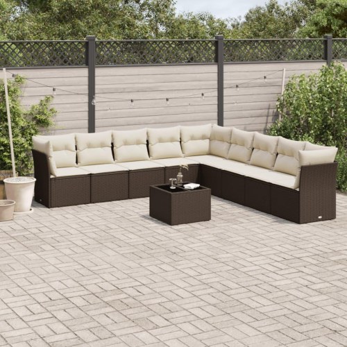 Sofasæt til haven i polyrattan - 10 dele med hynder, brun/creme