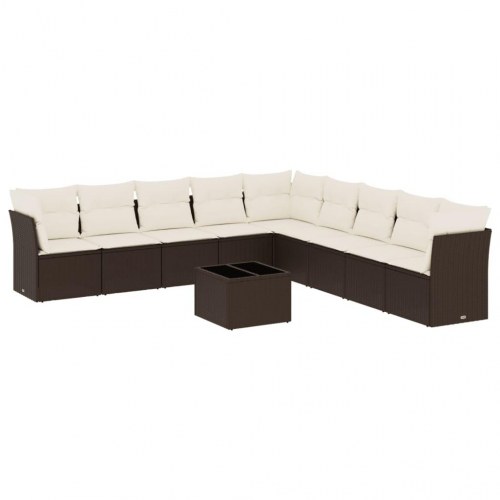 Sofasæt til haven i polyrattan - 10 dele med hynder, brun/creme