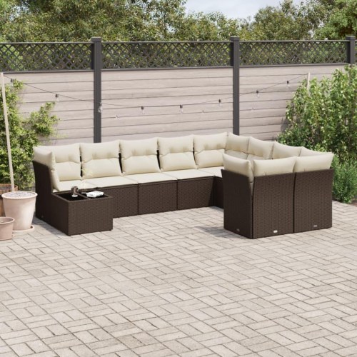 Sofasæt til haven i polyrattan - 10 dele med hynder, brun