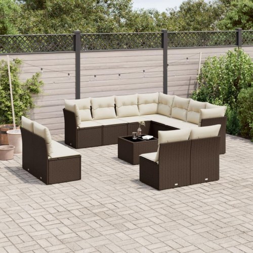 Sofasæt til haven i polyrattan - 12 dele med hynder, brun