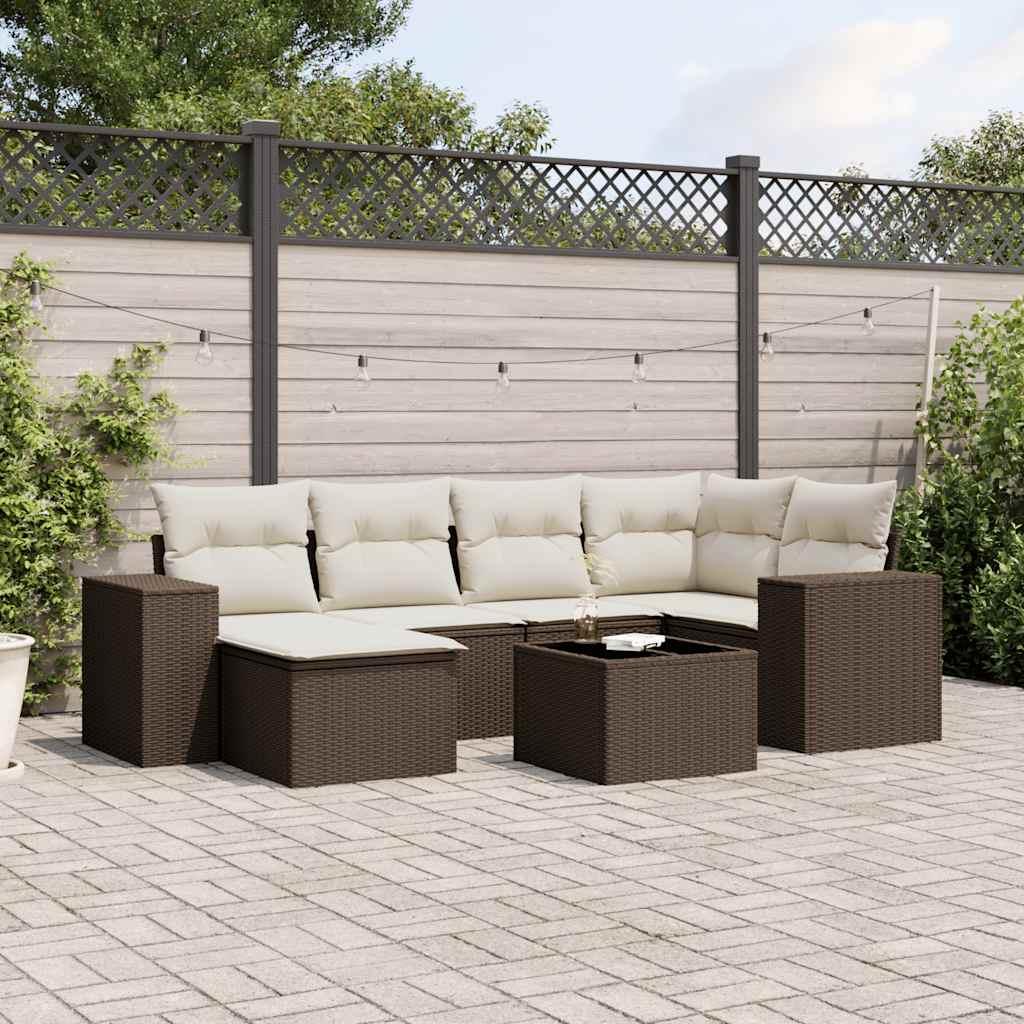 Sofasæt Til Haven 7 Dele Med Hynder Polyrattan - Brun og cremefarvet / Uden bord