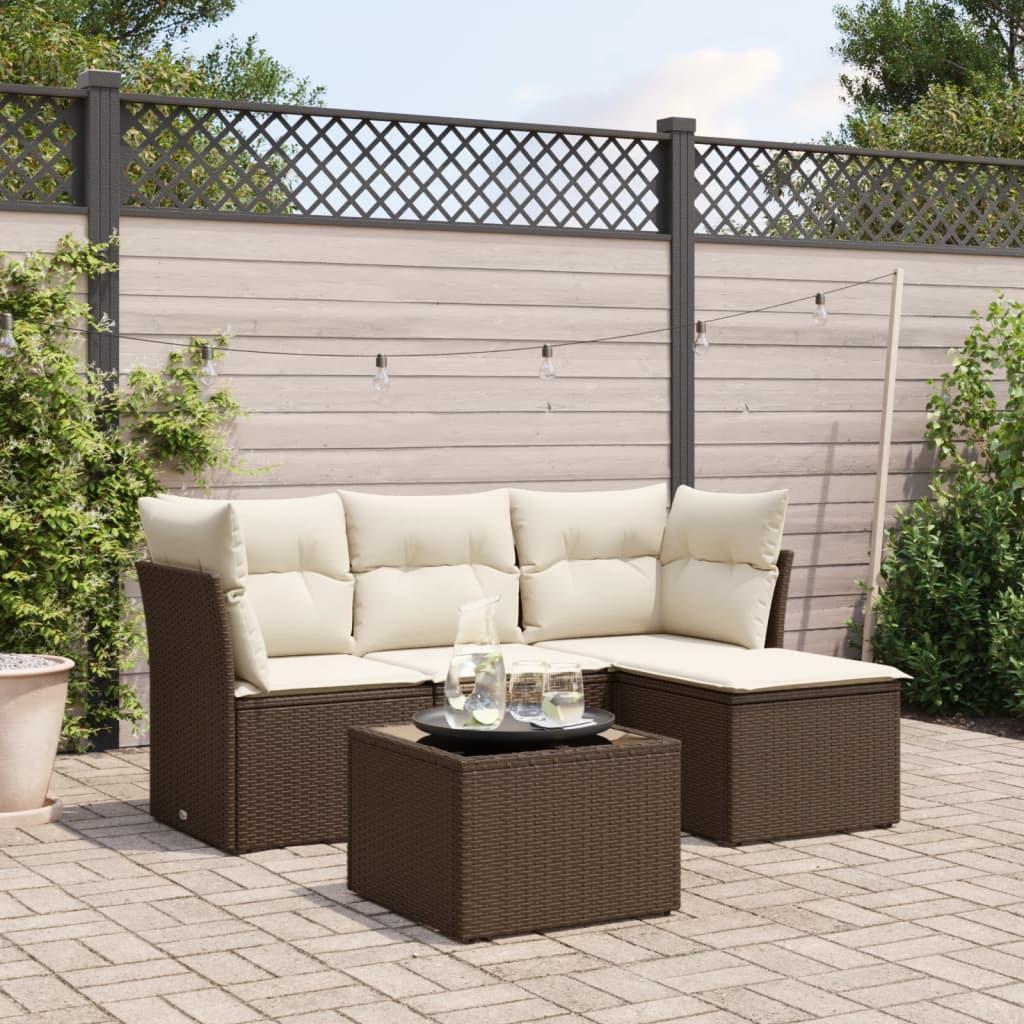 Sofasæt Til Haven 5 Dele Med Hynder Polyrattan Sort - Brun og cremefarvet / Med bord