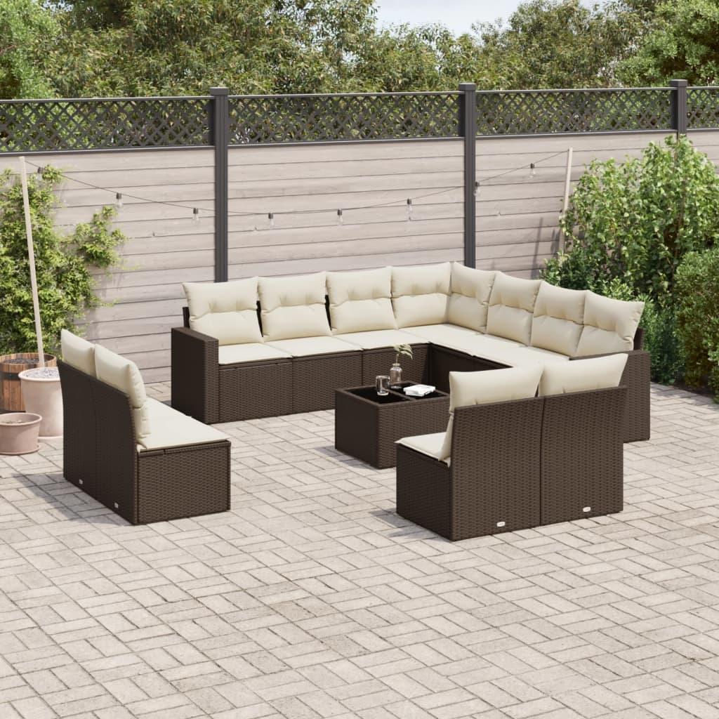 Sofasæt Til Haven 11 Dele Med Hynder Polyrattan Beige - Brun og cremefarvet / Med bord