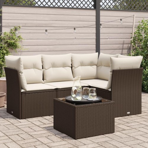 Sofasæt til haven i polyrattan - 5 dele med hynder, brun